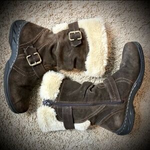 Earth Spirit Brown Leather Boot Faux Fur Women's Size 10 Zipper Buckle Furry EUC
